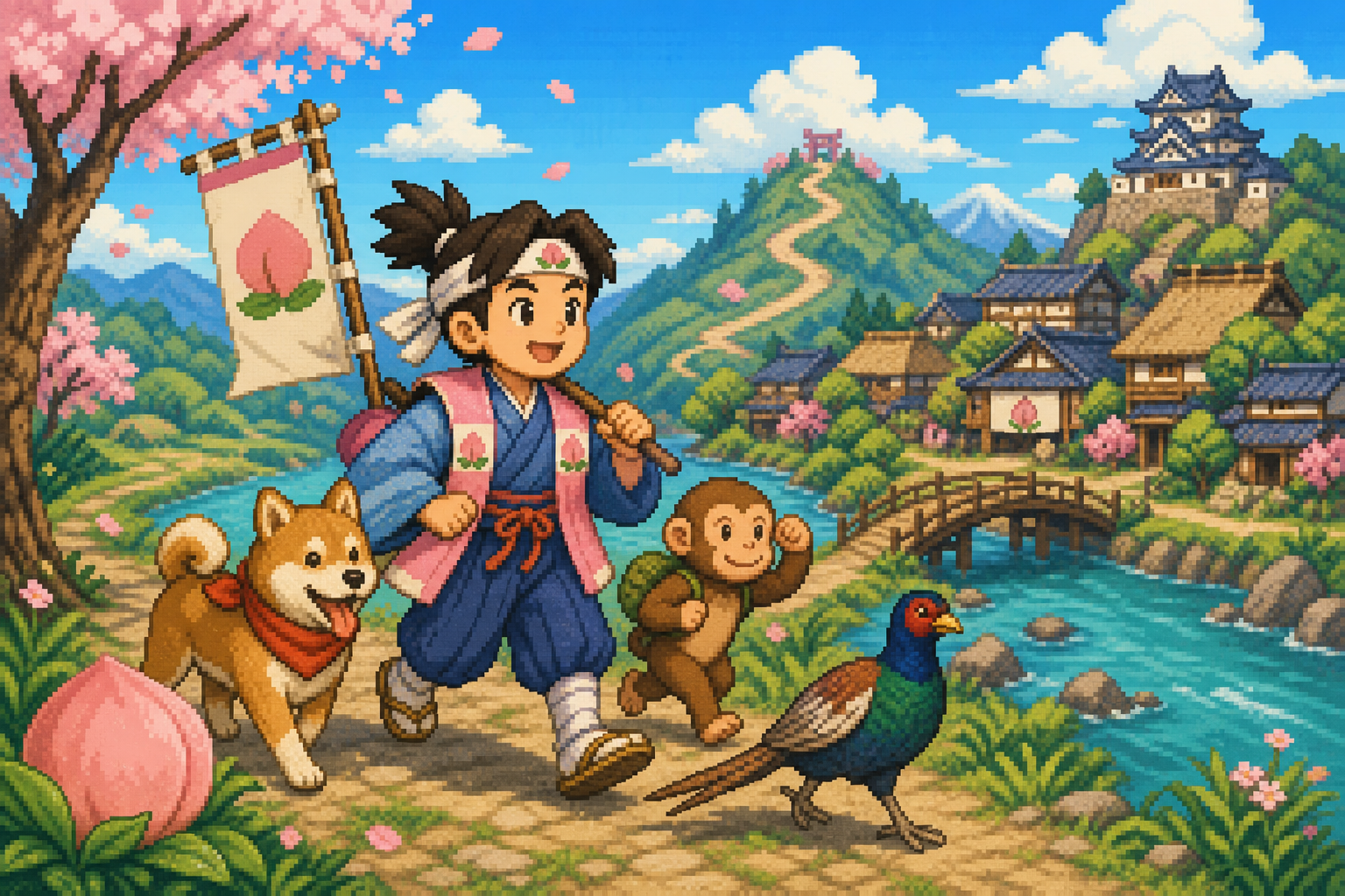 Momotaro traveling with his animal friends through a traditional Japanese landscape