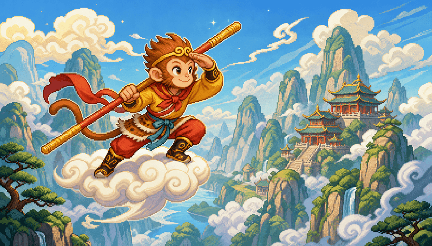 The Monkey King flying above the mountains with his magical staff