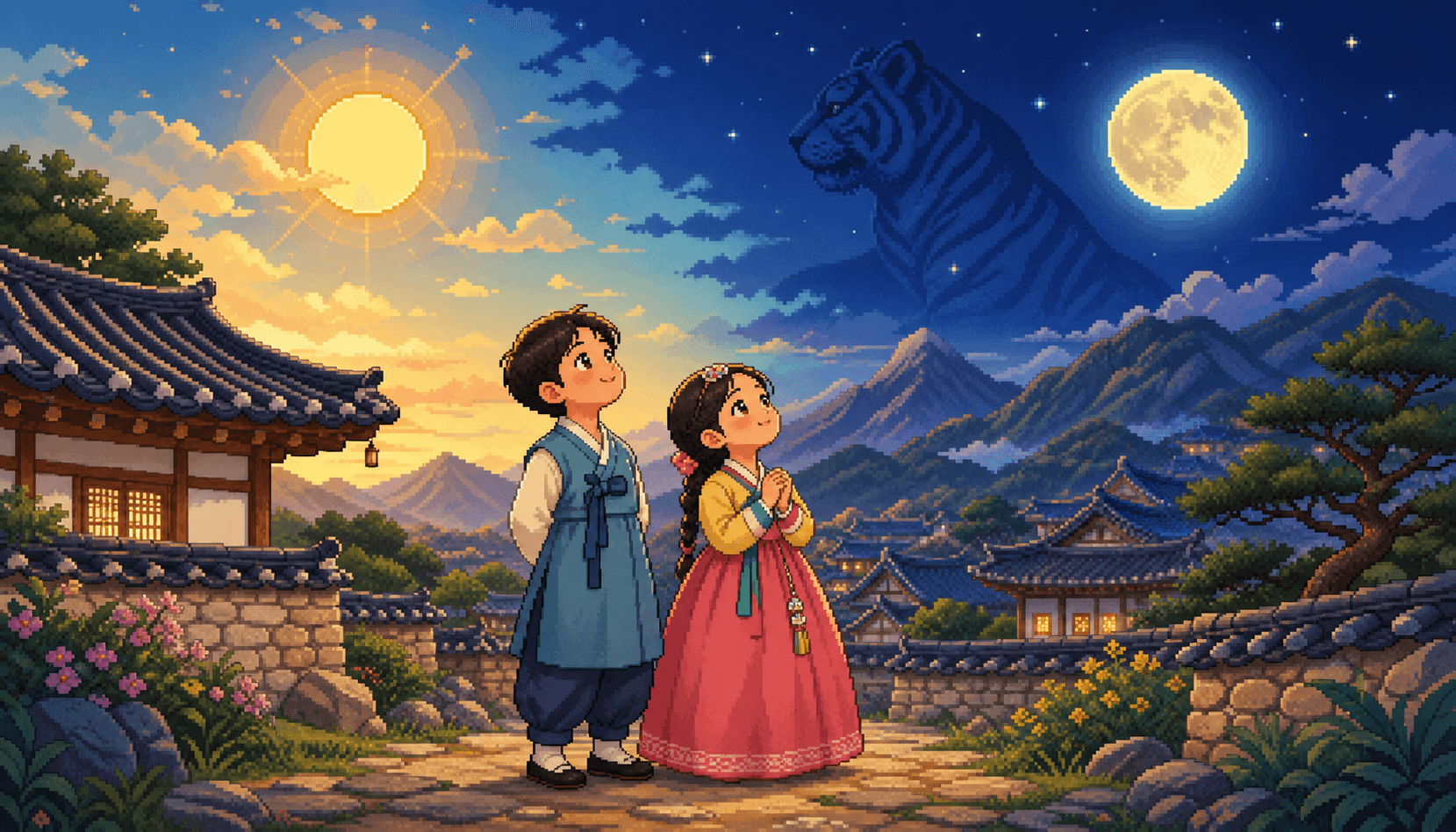 The sun and moon above a traditional Korean mountain village